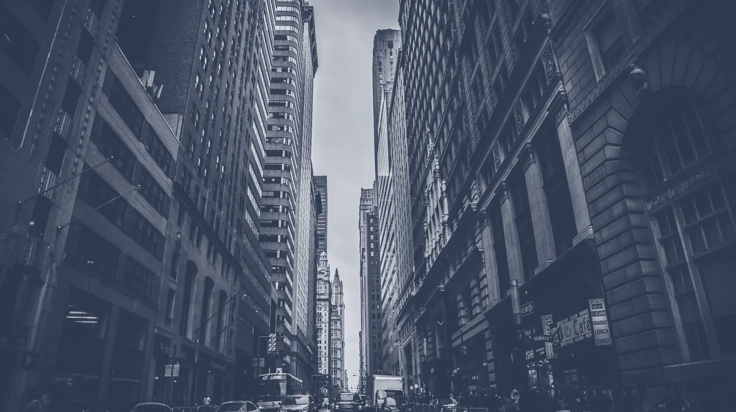 A street in lower Manhattan by day, in one ink. A placeholder photograph.
